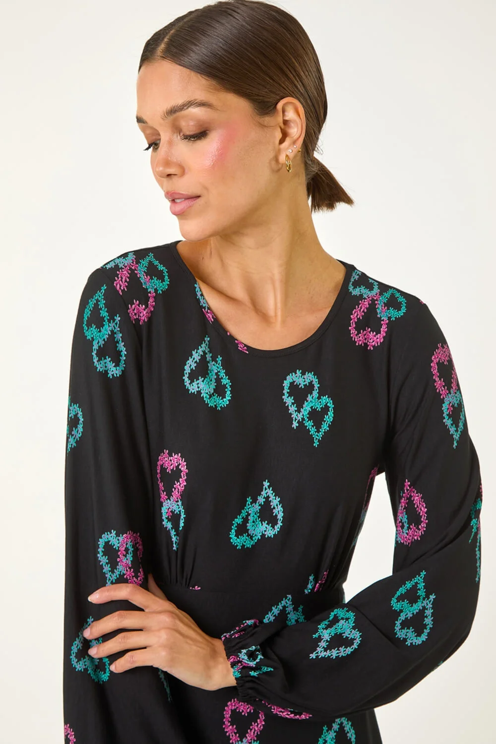 Roman Black Heart Print Tea Stretch Midi Dress - 10 Image 4