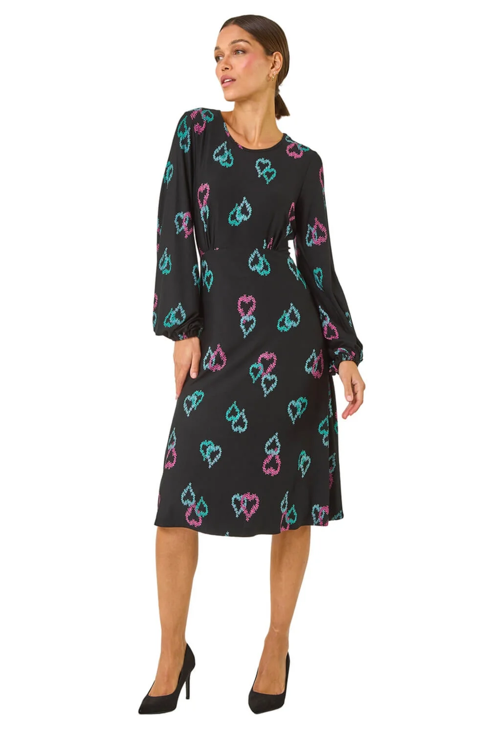 Roman Black Heart Print Tea Stretch Midi Dress - 10 Image 2