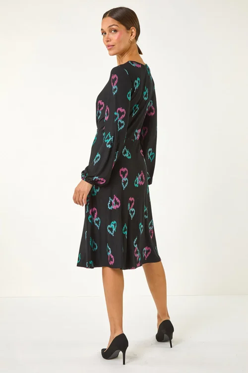 Roman Black Heart Print Tea Stretch Midi Dress - 10 Image 3