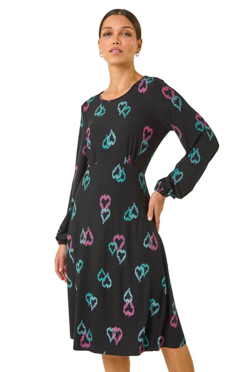 Roman Black Heart Print Tea Stretch Midi Dress - 10 Image 1