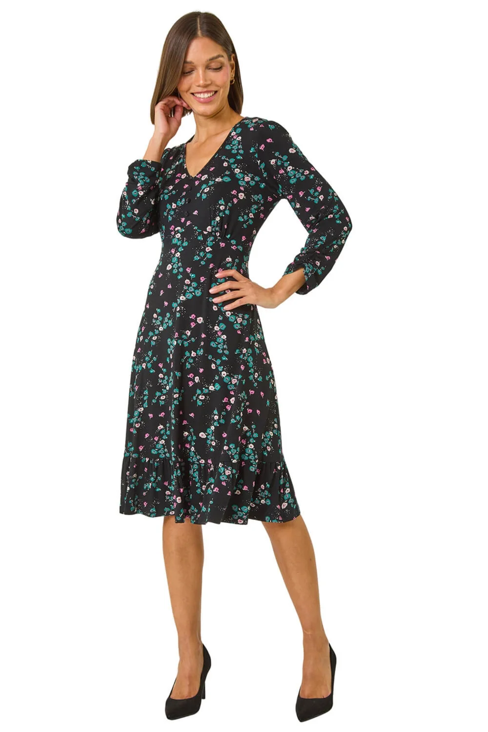 Roman Black Floral Print Button Tea Stretch Dress - 10 Image 2