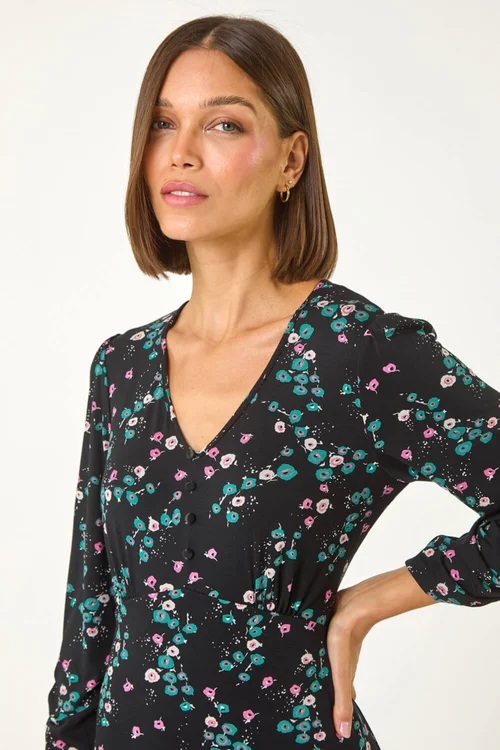 Roman Black Floral Print Button Tea Stretch Dress - 10 Image 4