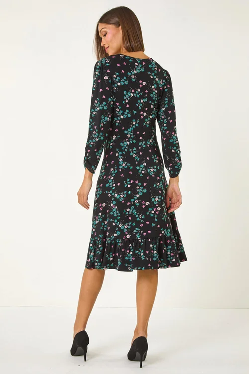 Roman Black Floral Print Button Tea Stretch Dress - 10 Image 3