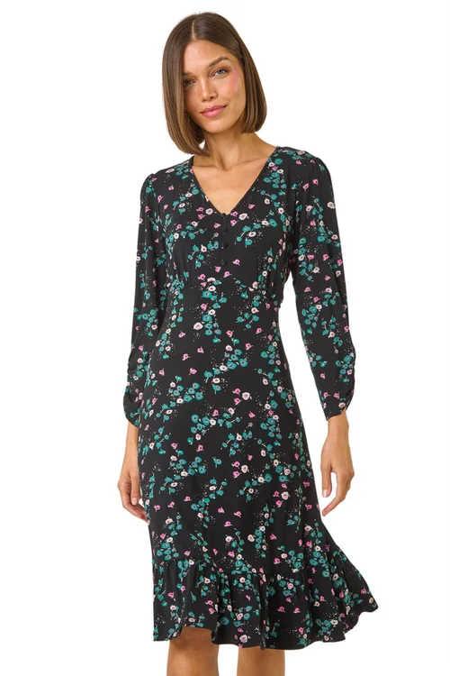 Roman Black Floral Print Button Tea Stretch Dress - 10 Image 1
