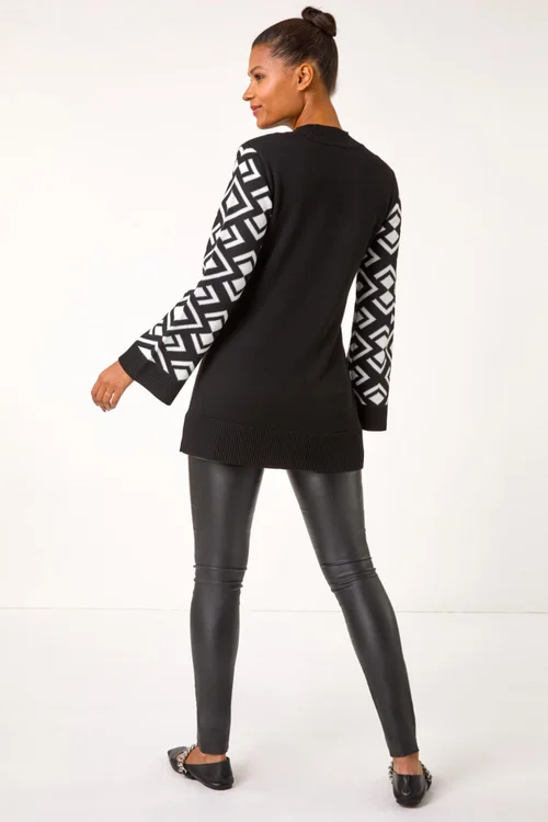 Roman Black Patterned Sleeve Tunic Knit Jumper - Size 18 Image 3