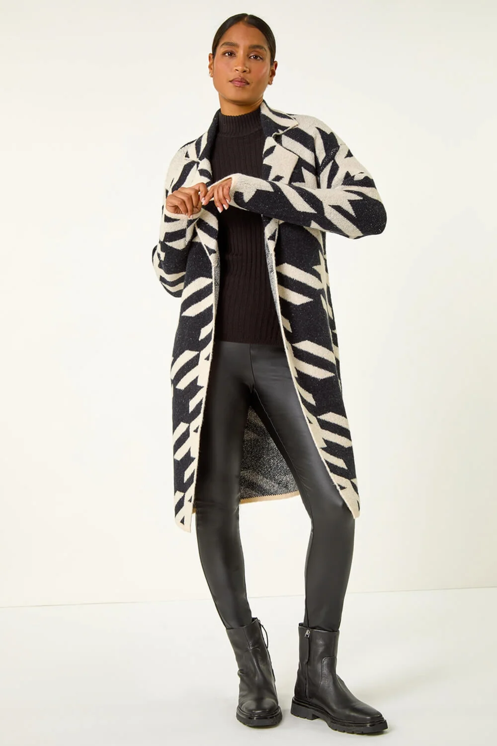 Roman Black Houndstooth Pattern Knit Coatigan - 10 Image 4