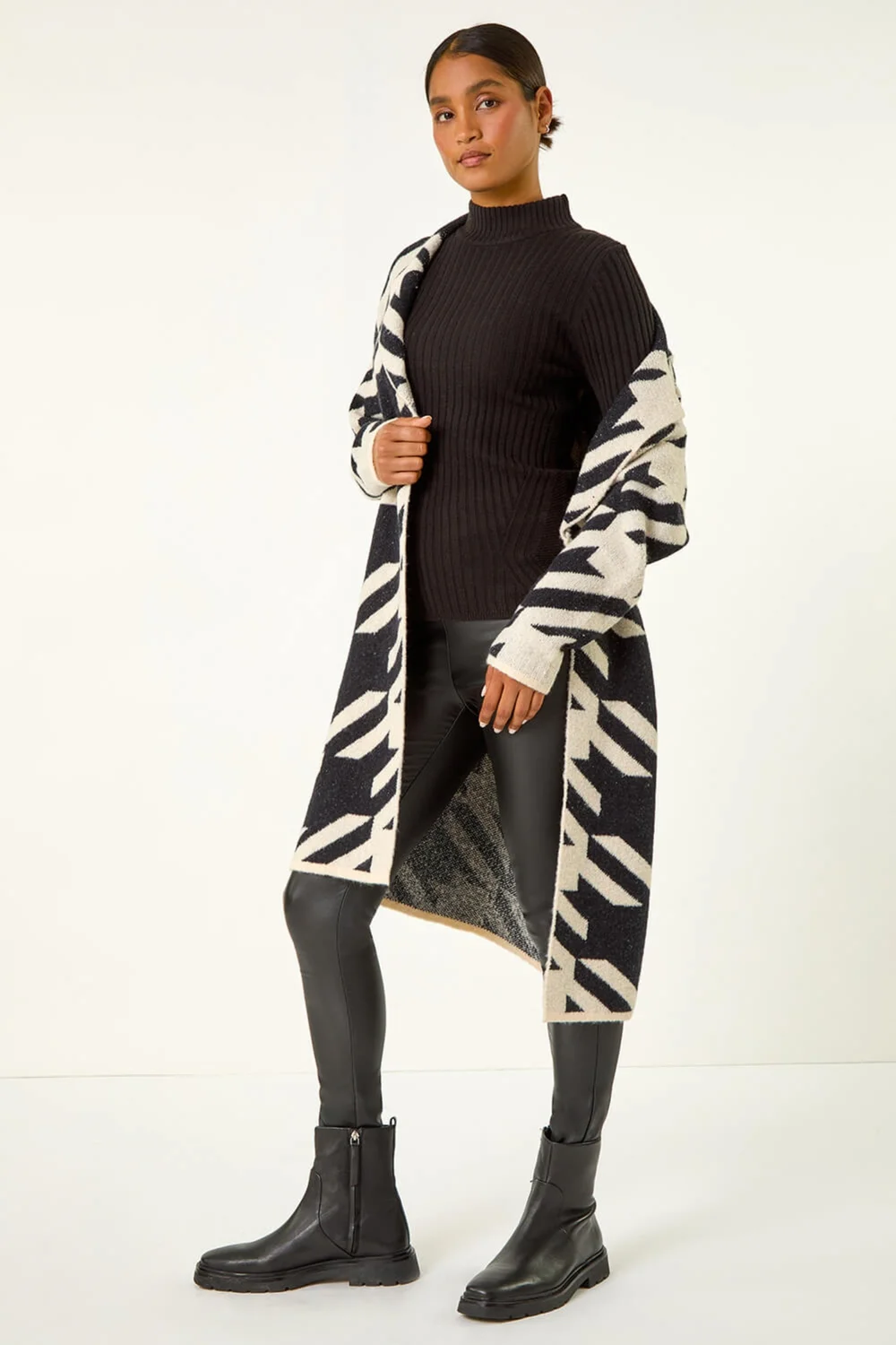 Roman Black Houndstooth Pattern Knit Coatigan - 10 Image 2