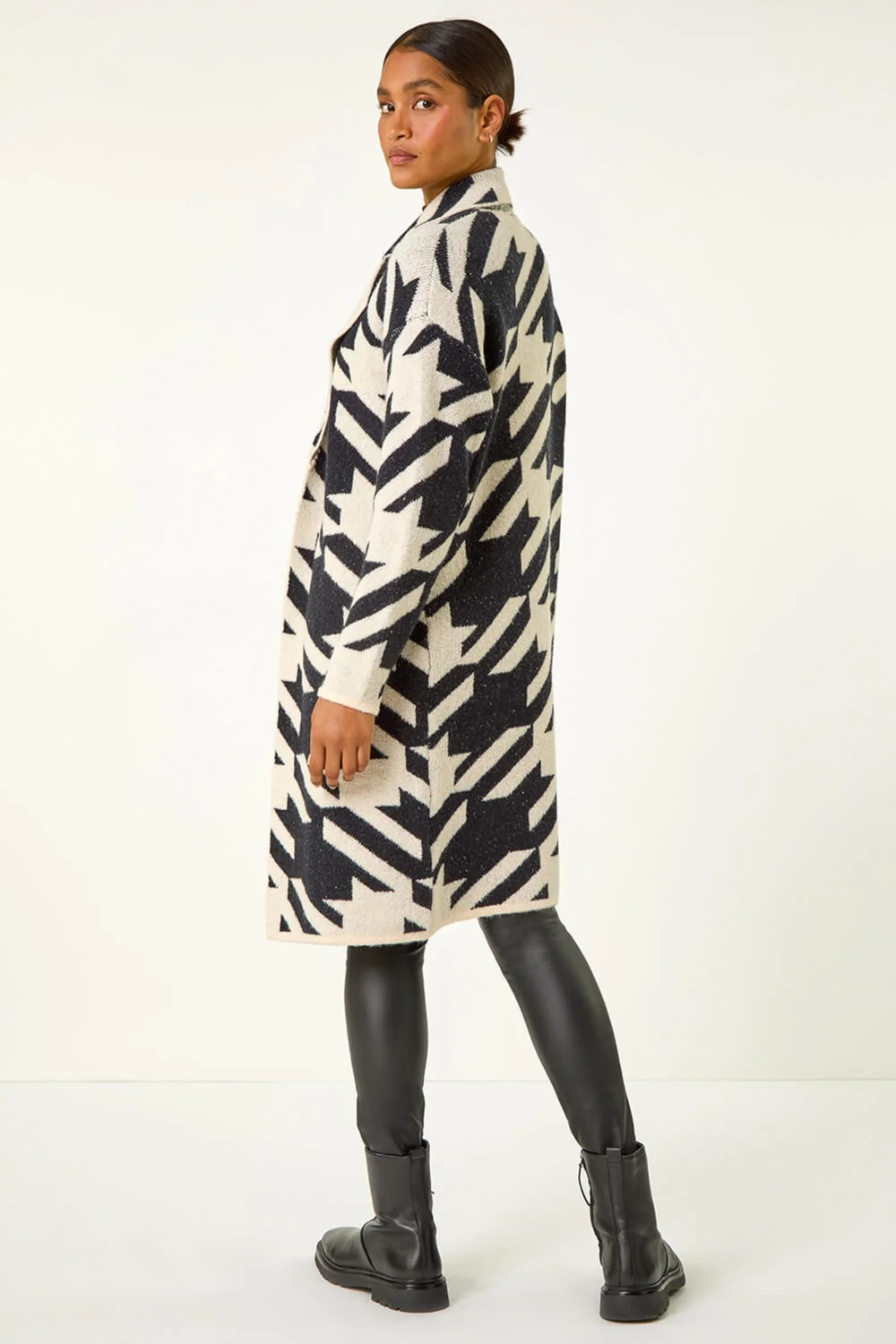 Roman Black Houndstooth Pattern Knit Coatigan - 10 Image 3