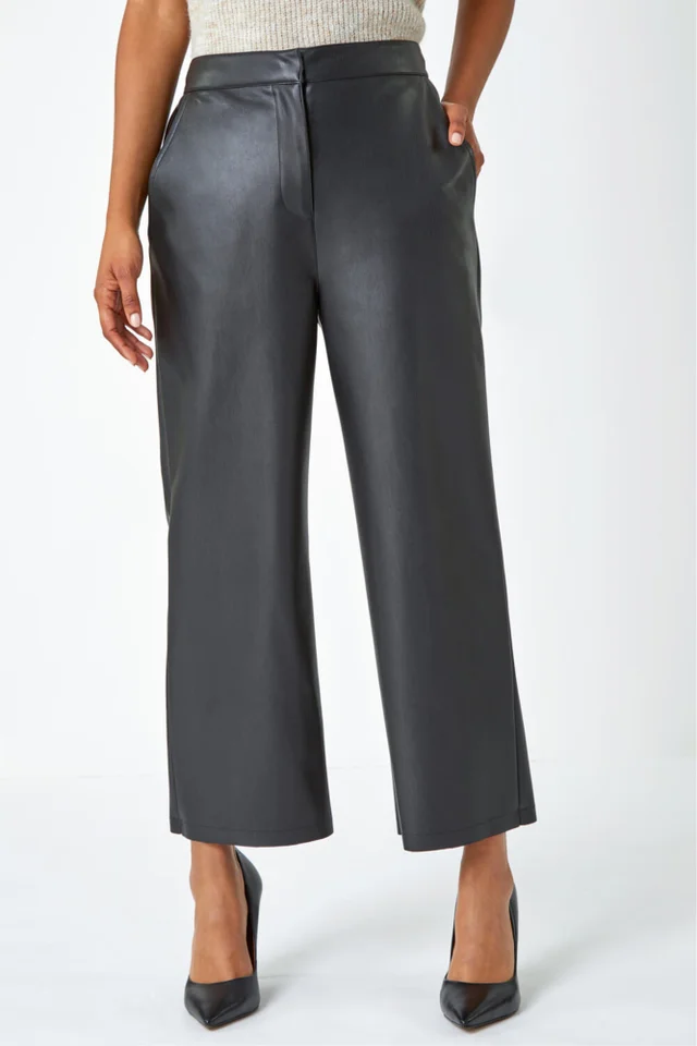 Roman Black Faux Leather Wide Leg Crop Trousers