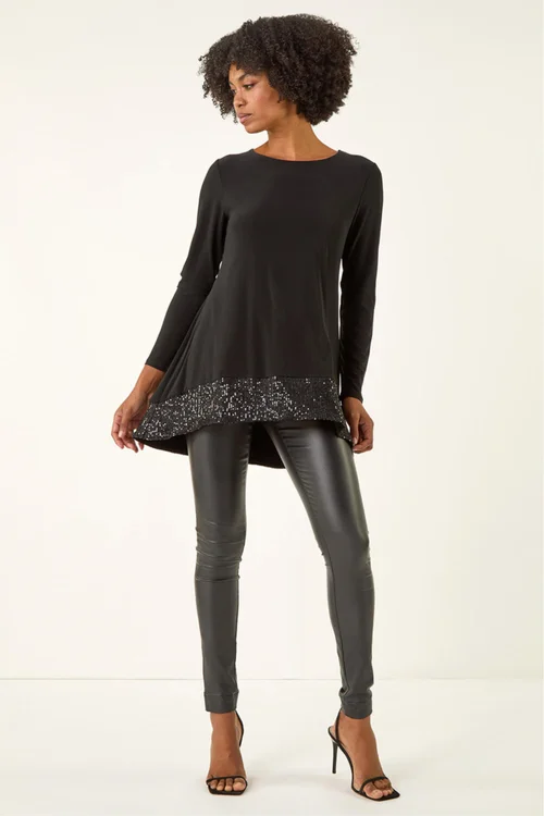 Roman Black Sequin Hem Tunic Stretch Top - 10 Image 2