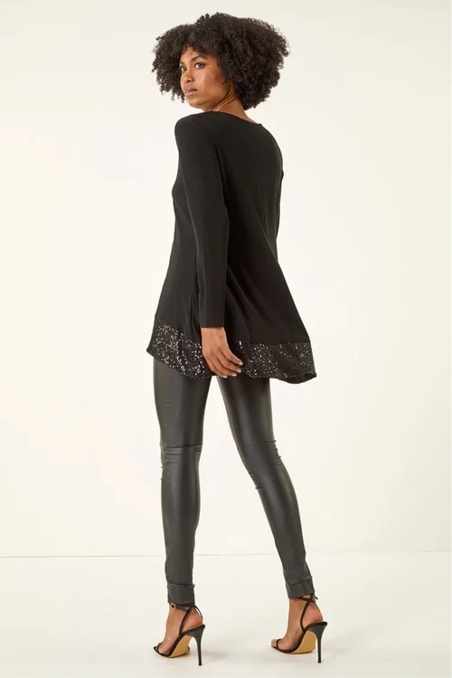 Roman Black Sequin Hem Tunic Stretch Top - 10 Image 3