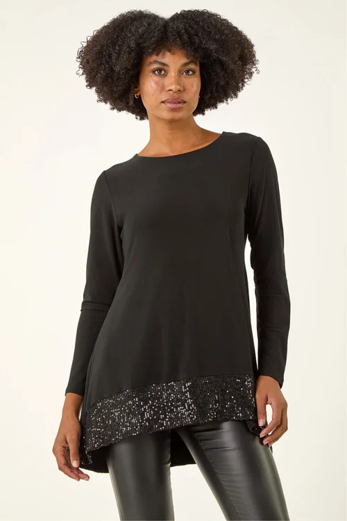 Roman Black Sequin Hem Tunic Stretch Top - 10 Image 1