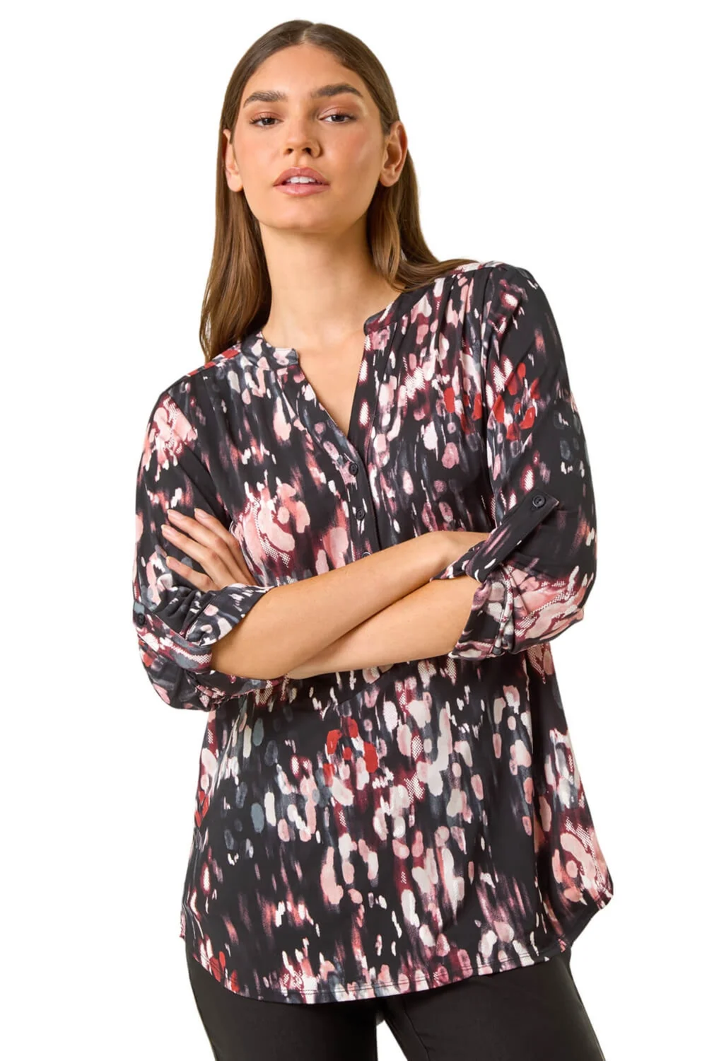 Roman Mocha Textured Abstract Print V-Neck Stretch Top - 10 Image 1