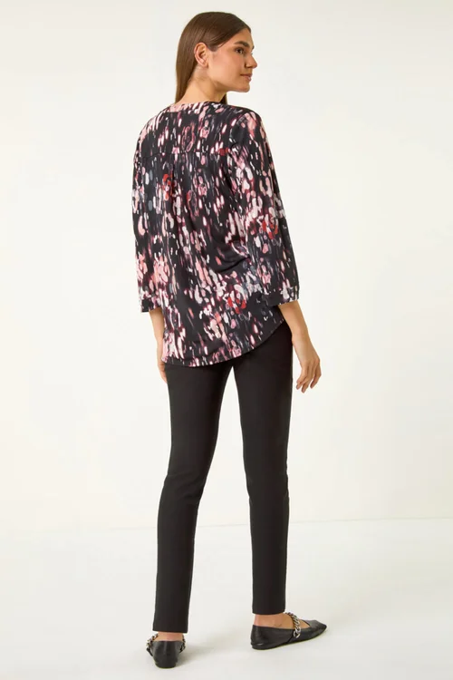 Roman Mocha Textured Abstract Print V-Neck Stretch Top - 10 Image 4