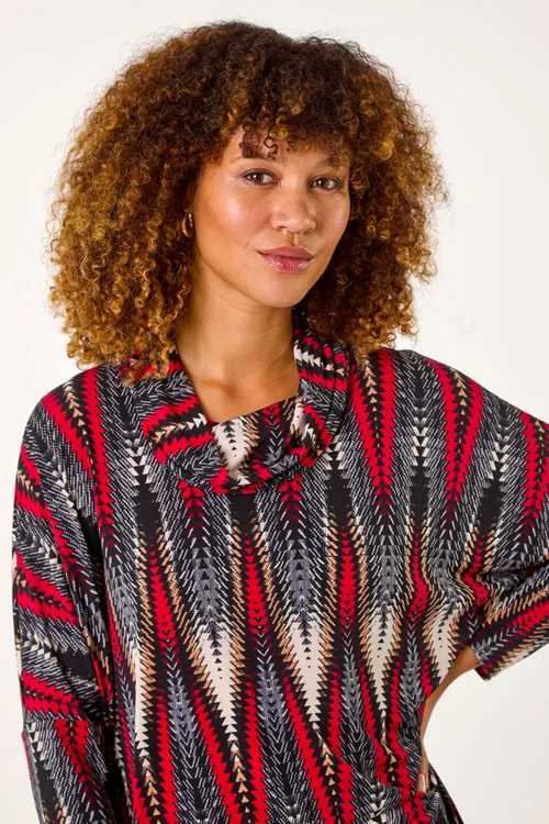 Roman Red Abstract Relaxed Cowl Neck Tunic Top - Size 10 Image 4