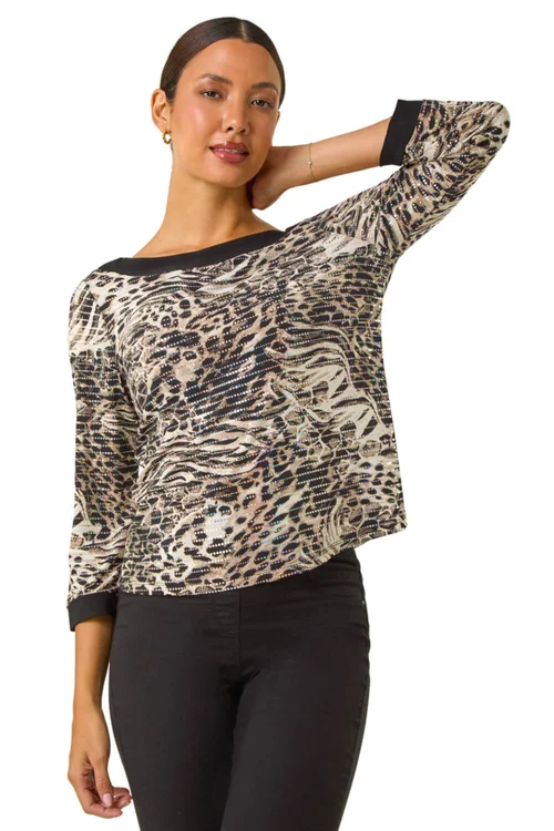 Roman Natural Animal Print Holgraphic Top - Size 24 Image 2