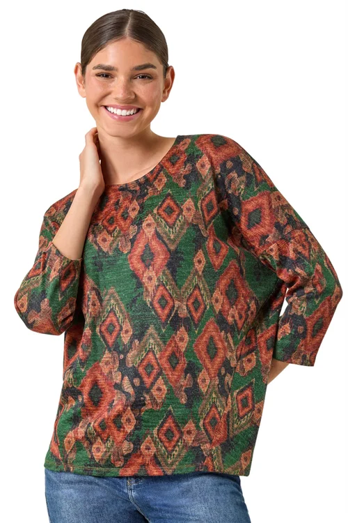 Roman Green Abstract Aztec Print Top - Size 10 Image 2