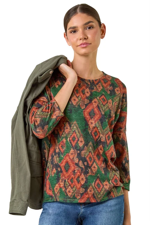 Roman Green Abstract Aztec Print Top - Size 10 Image 1