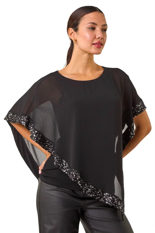 Roman Black Sequin Hem Overlay Stretch Top - Size 24 Image 1