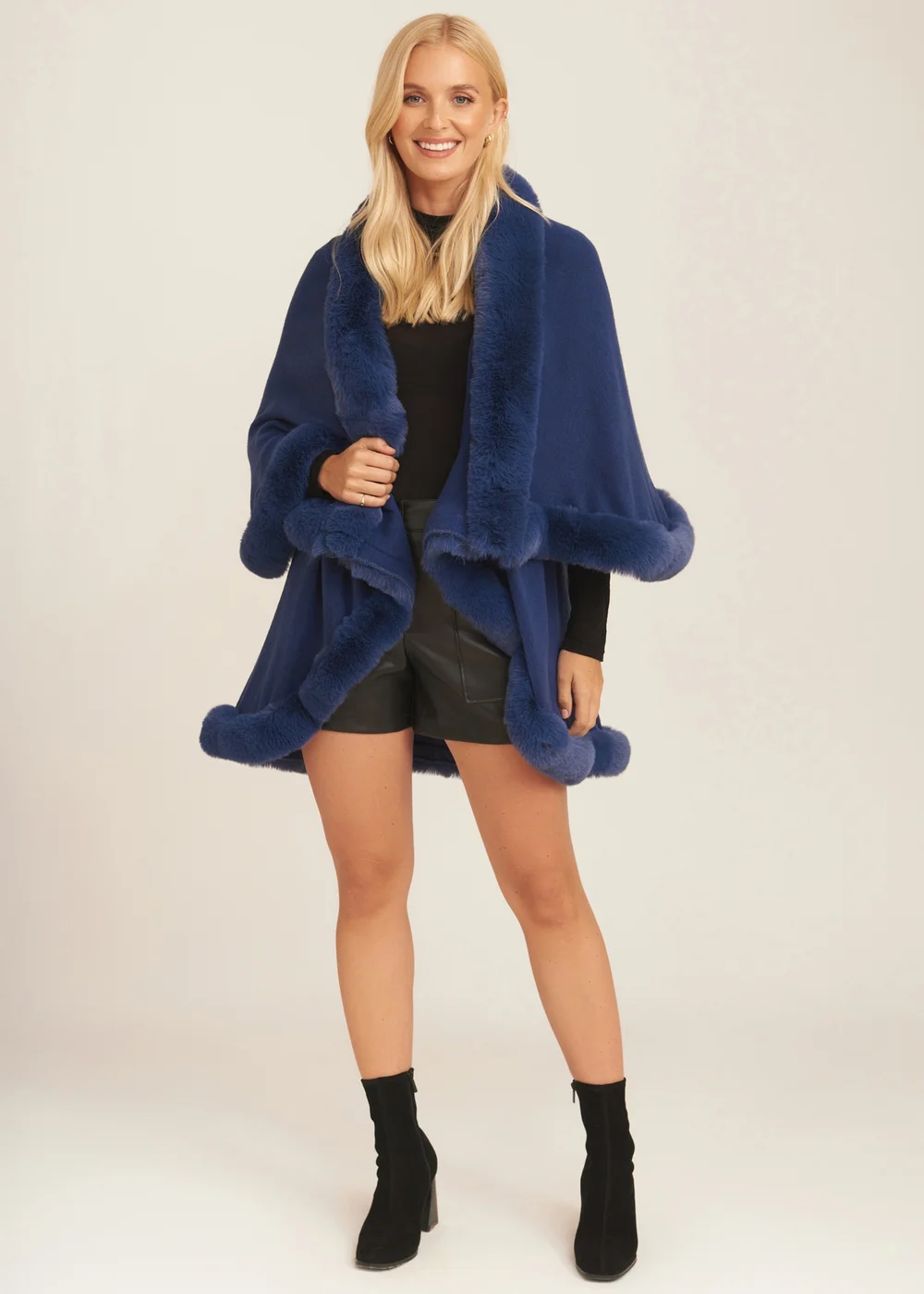 Gini London Blue Fur Trim Double Layer Cape - Small/Medium Image 1