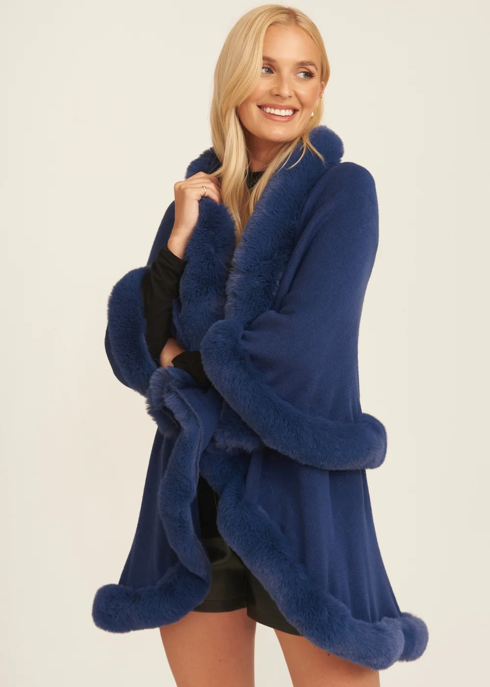 Gini London Blue Fur Trim Double Layer Cape - Small/Medium Image 3