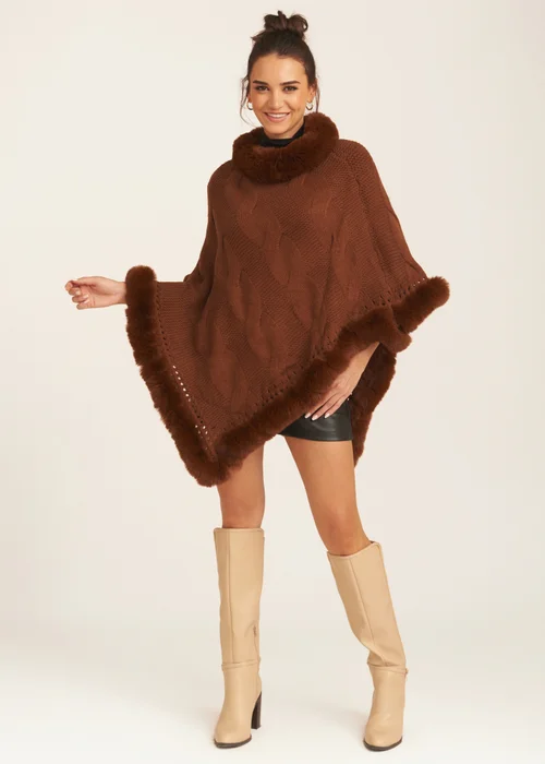 Gini London Brown Fur Trim Knit Cape - Small/Medium Image 1