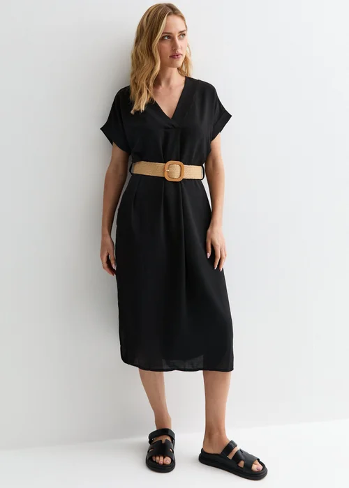 Gini London Black V Neck Raffia Belt Tunic Dress - Small/Medium Image 4