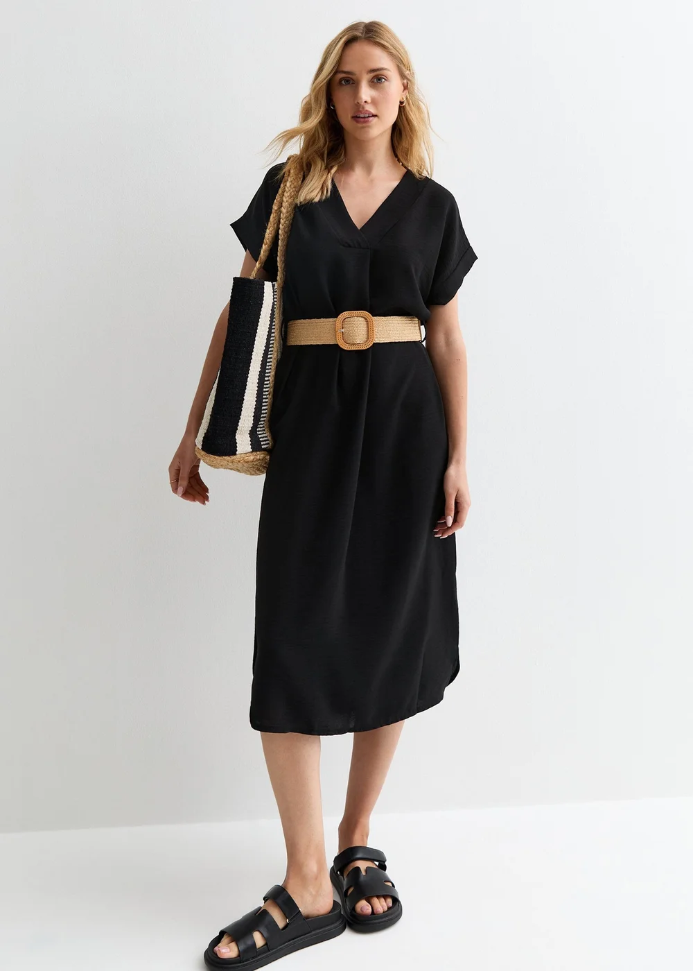 Gini London Black V Neck Raffia Belt Tunic Dress - Small/Medium Image 1