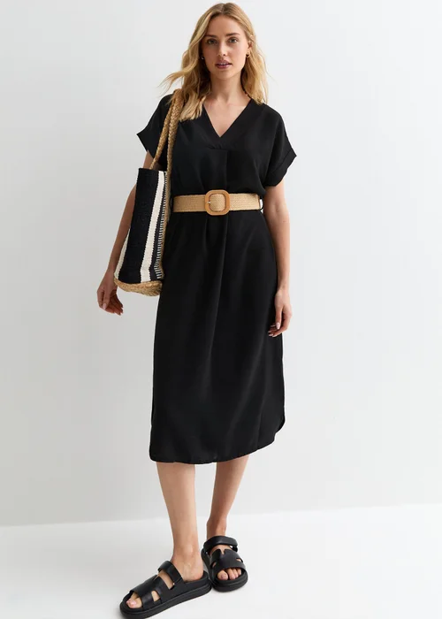 Gini London Black V Neck Raffia Belt Tunic Dress - Small/Medium Image 2