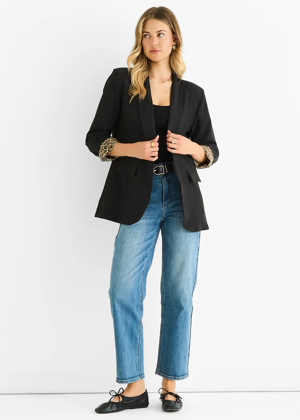 Gini London Black Contrast Animal Edge to Edge Blazer - M/L Image 1
