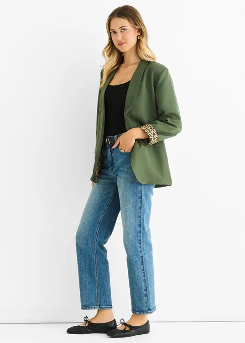 Gini London Khaki Contrast Animal Edge to Edge Blazer - M/L Image 4