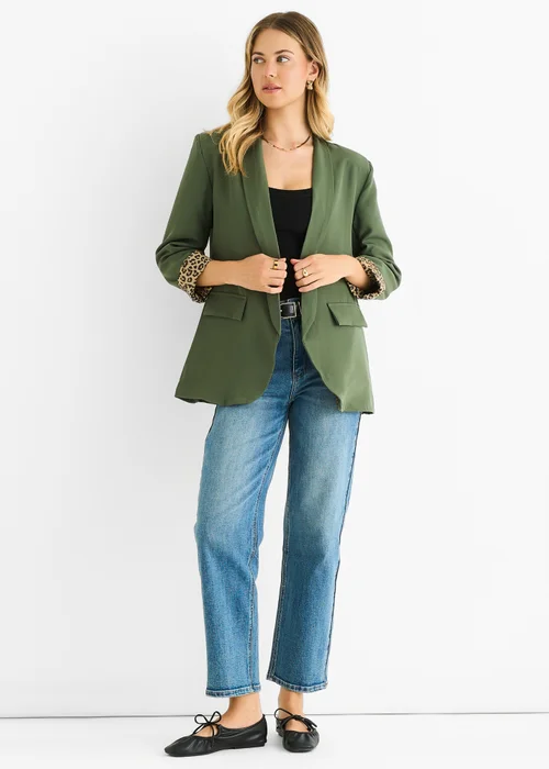 Gini London Khaki Contrast Animal Edge to Edge Blazer - M/L Image 1