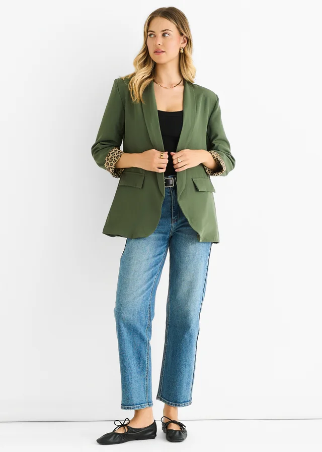 Gini London Khaki Contrast Animal Edge to Edge Blazer