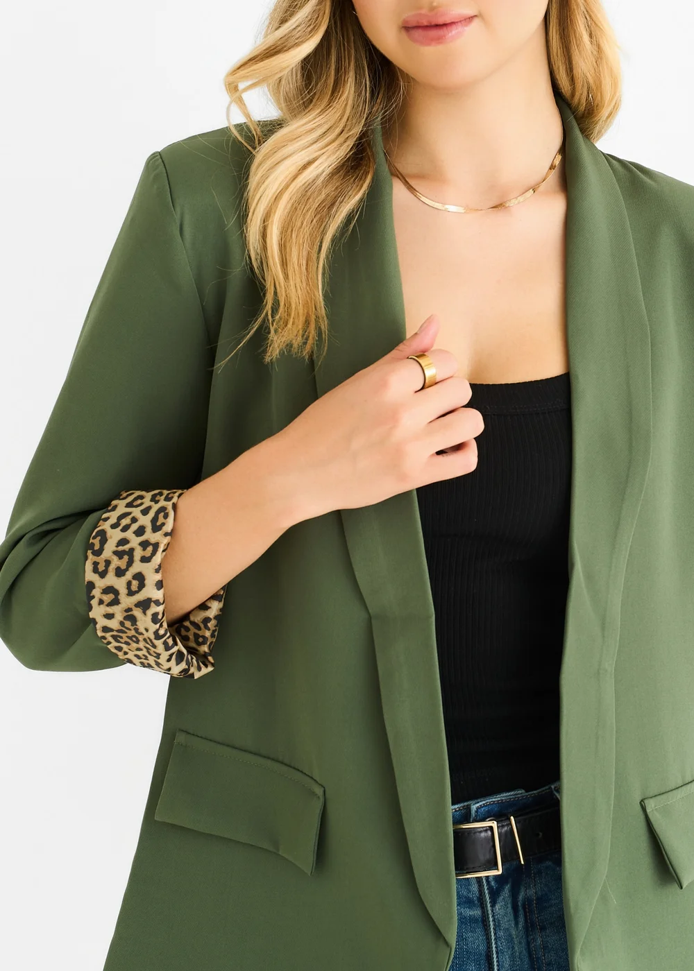Gini London Khaki Contrast Animal Edge to Edge Blazer - M/L Image 3