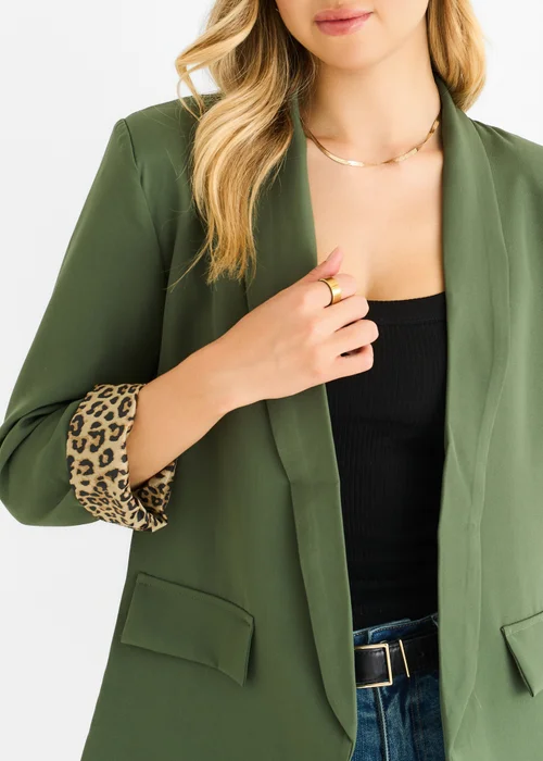 Gini London Khaki Contrast Animal Edge to Edge Blazer - M/L Image 3