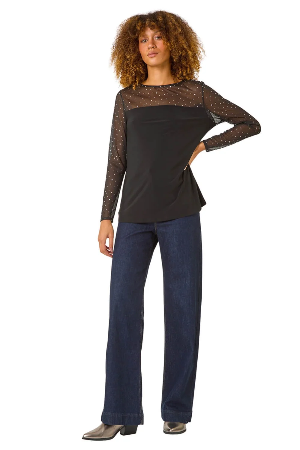 Roman Black Holographic Foil Mesh Sleeve Top - 10 Image 2