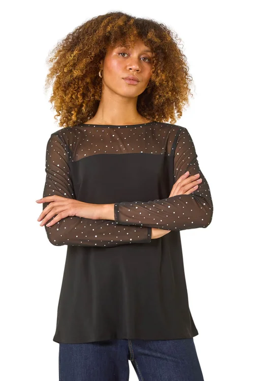 Roman Black Holographic Foil Mesh Sleeve Top - 10 Image 1