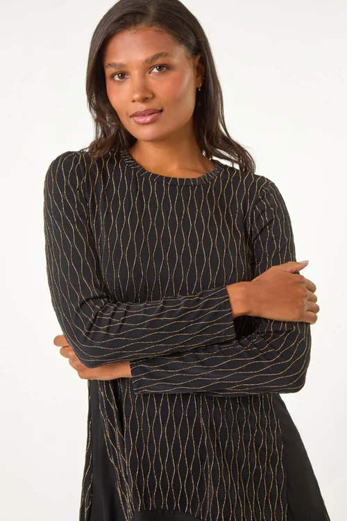 Roman Gold Metallic Print Chiffon Hem Stretch Top - Size 22 Image 4