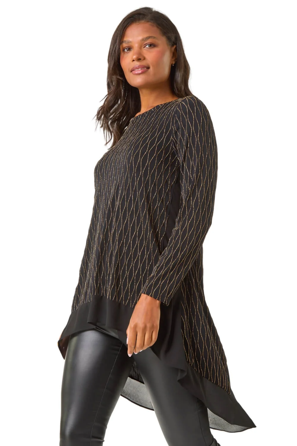 Roman Gold Metallic Print Chiffon Hem Stretch Top - Size 22 Image 1