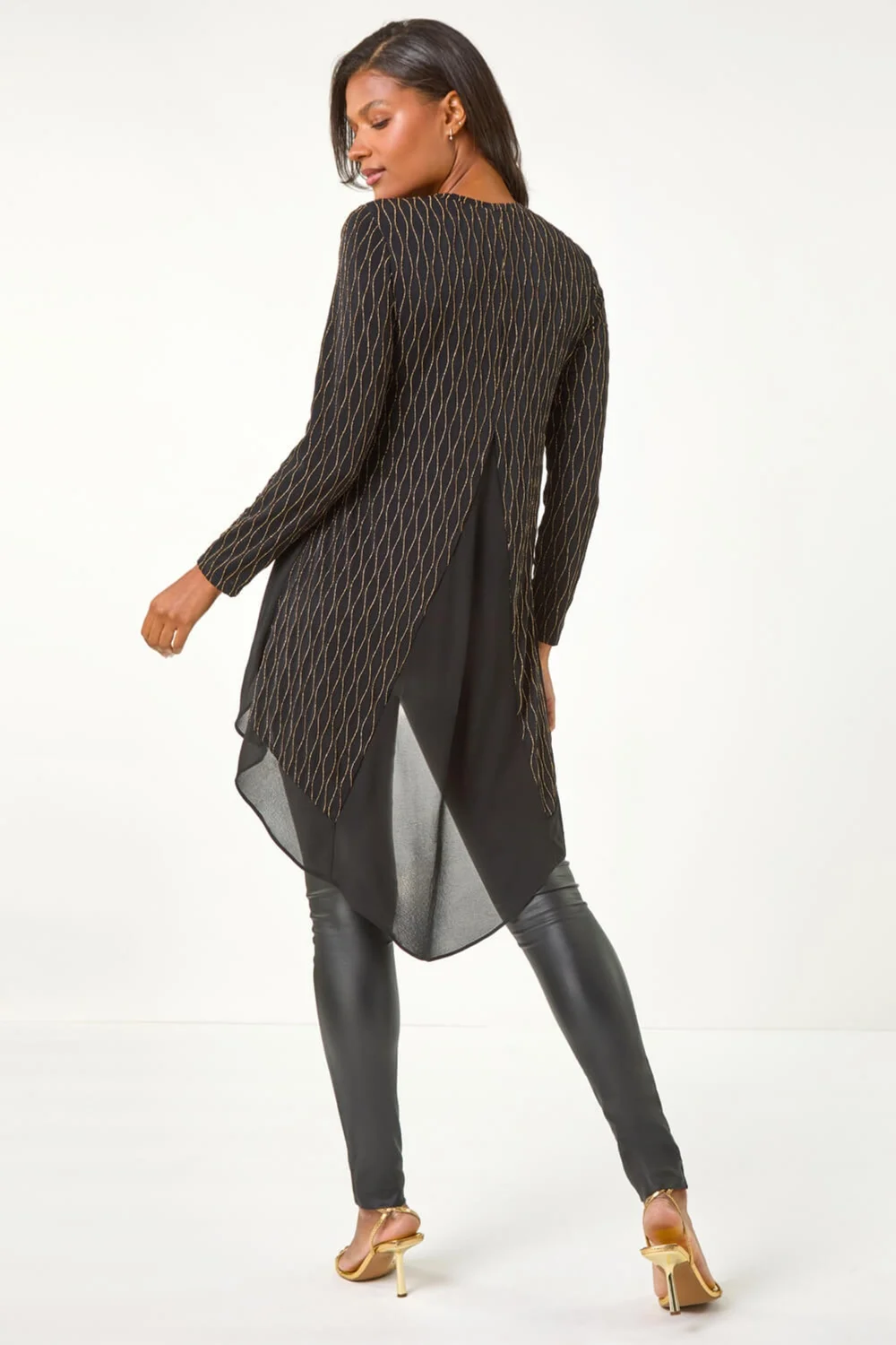 Roman Gold Metallic Print Chiffon Hem Stretch Top - Size 22 Image 2