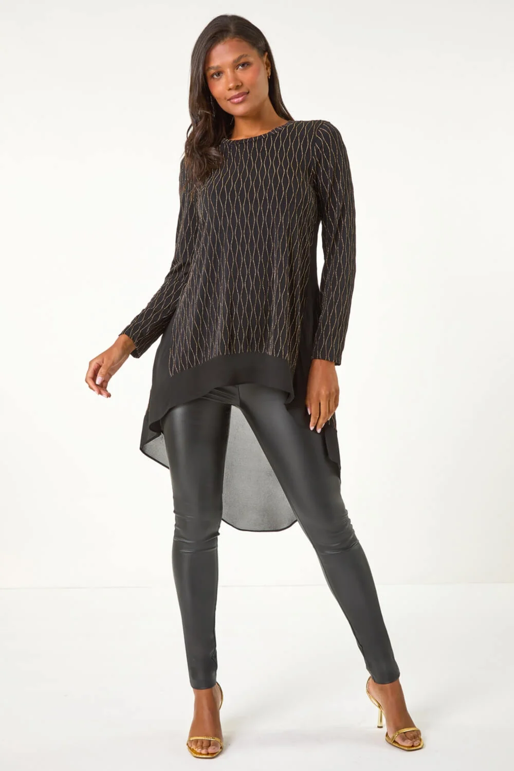 Roman Gold Metallic Print Chiffon Hem Stretch Top - Size 22 Image 3