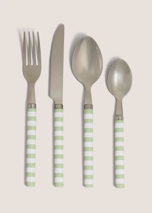 16 Piece Green Striped Cutlery Set