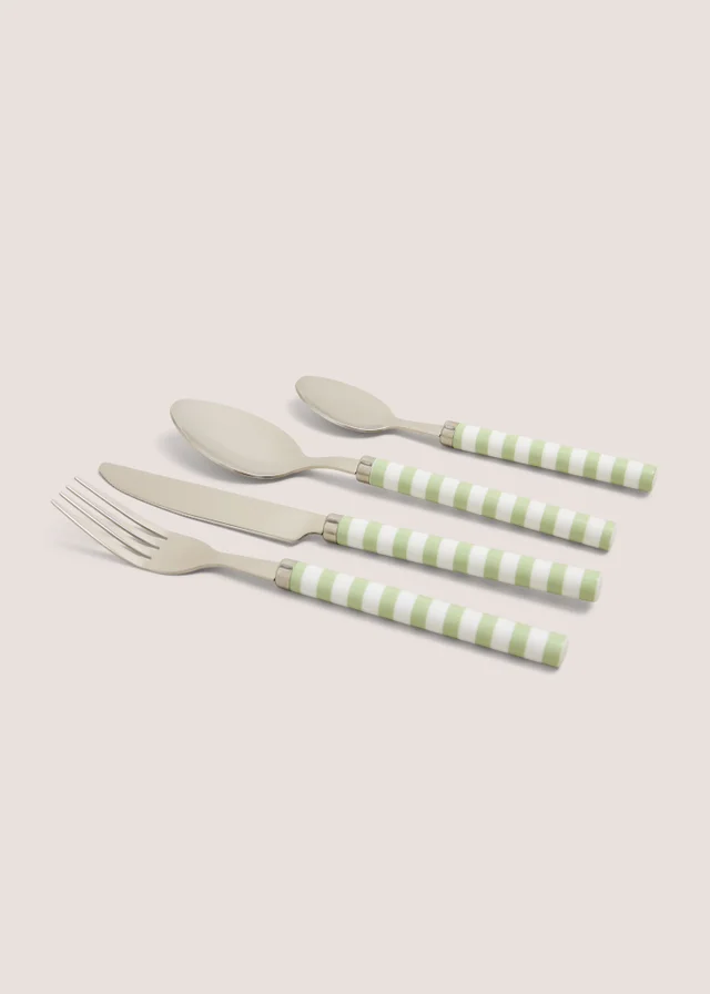 16 Piece Green Striped Cutlery Set