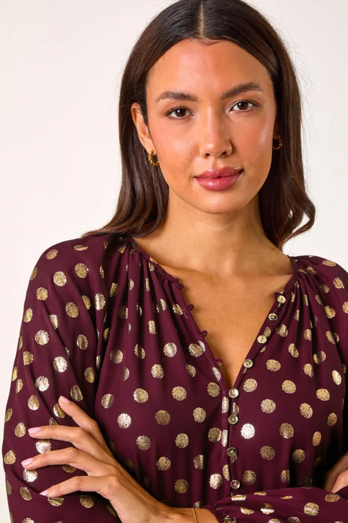 Roman Burgundy Spot Foil Print Blouse - Size 16 Image 4