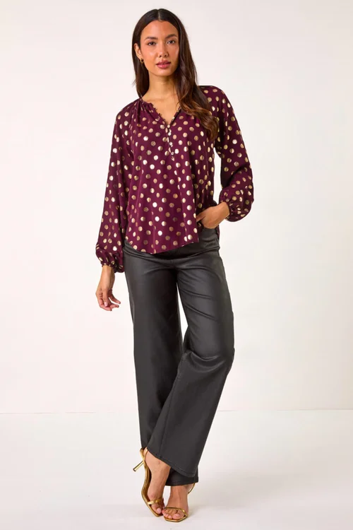 Roman Burgundy Spot Foil Print Blouse - Size 16 Image 3