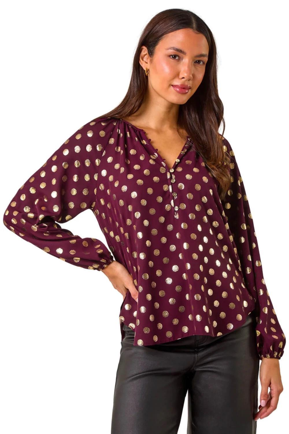 Roman Burgundy Spot Foil Print Blouse - Size 16 Image 1