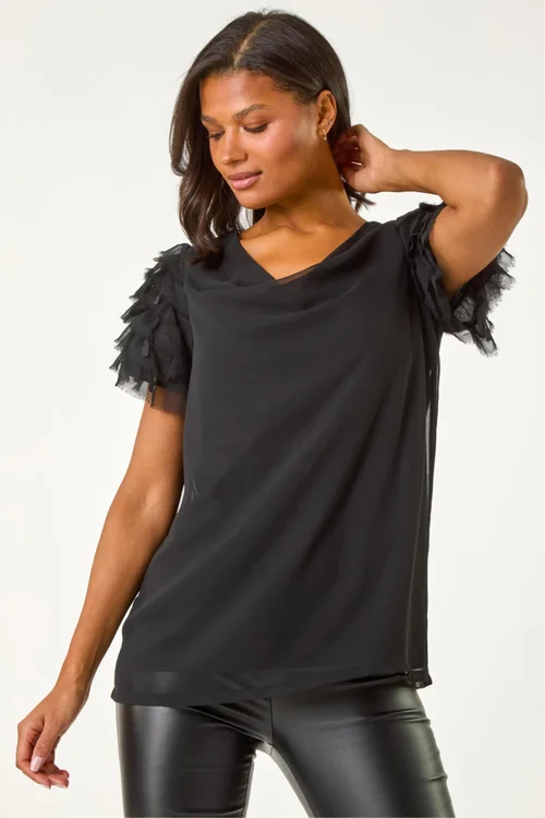 Roman Black Cowl Neck Shoulder Sequin Frill Top - 22 Image 4