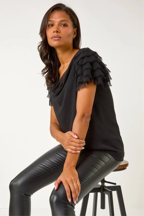 Roman Black Cowl Neck Shoulder Sequin Frill Top - 22 Image 1