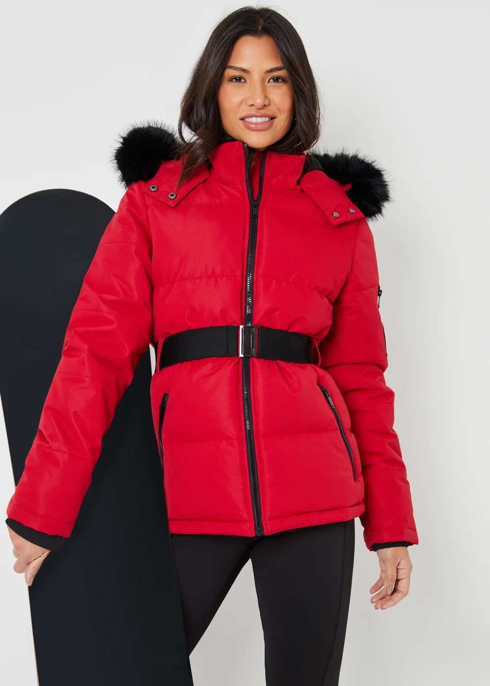 Threadbare Red Belted Padded Ski Jacket - 8 Image 1