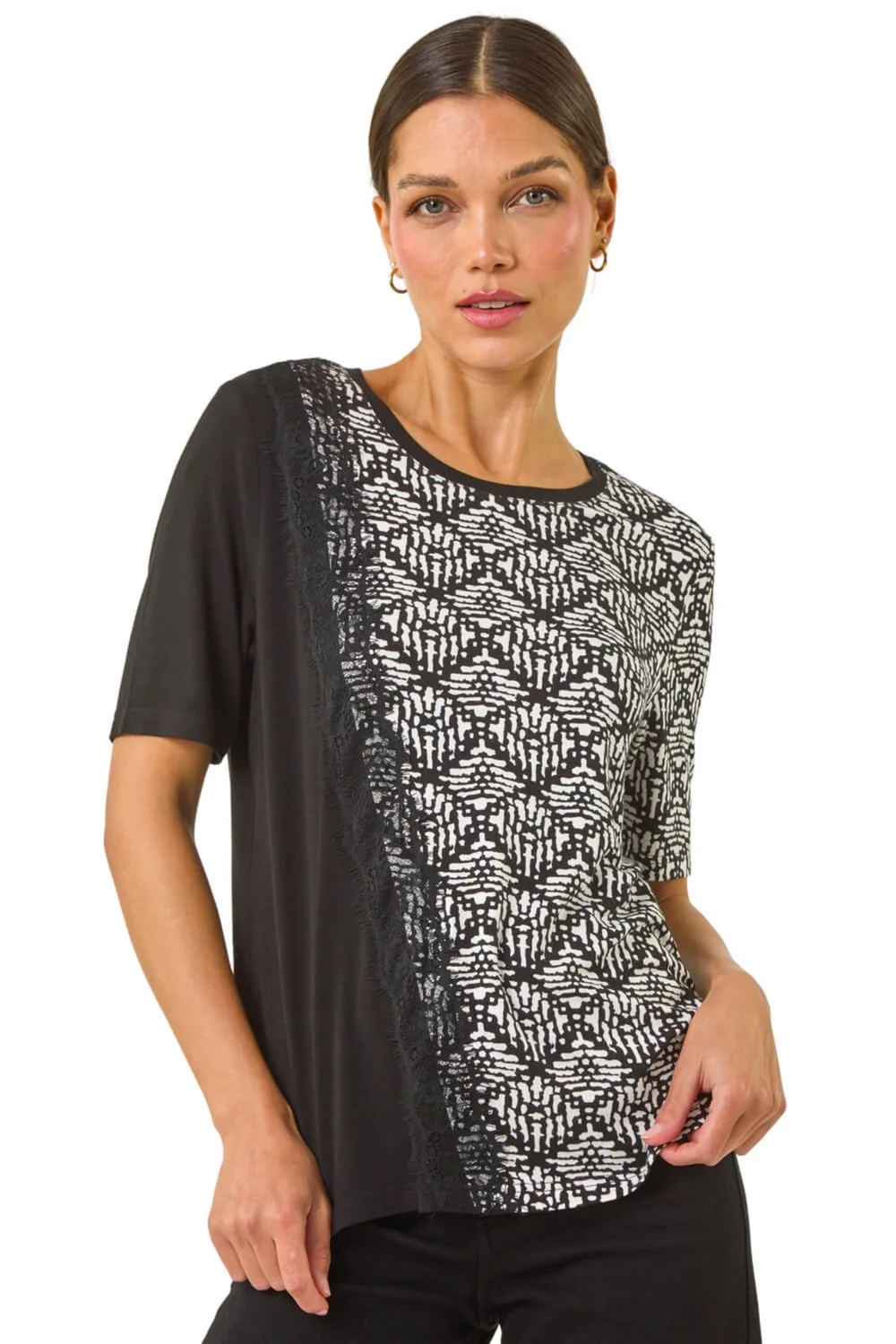 Roman Black Contrast Print Lace Trim Top - Size 12 Image 1